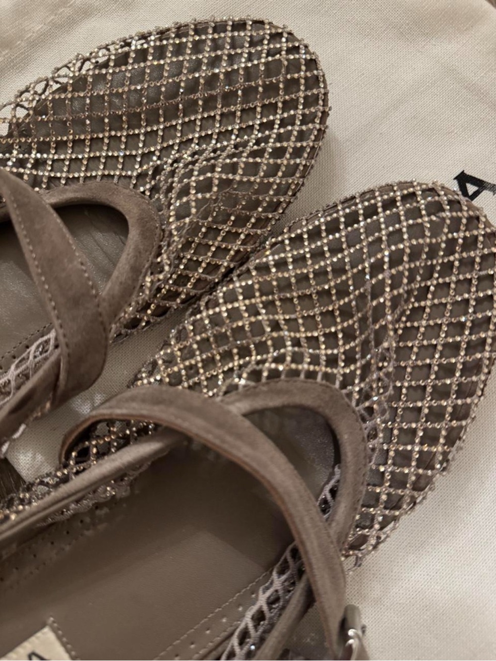 Alaïa Style Taupe Mesh Crystal-Embellished Mary Jane Flats